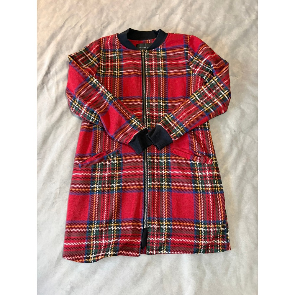 Sanctuary Red Plaid Bomber Coat Longline Zip Front Tartan Jacket XS
